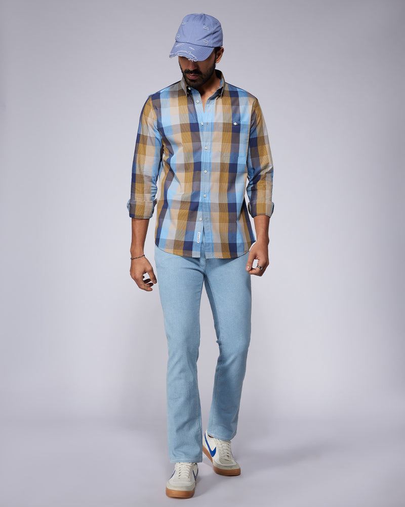 Blue & Ochre Cotton Checked Shirt