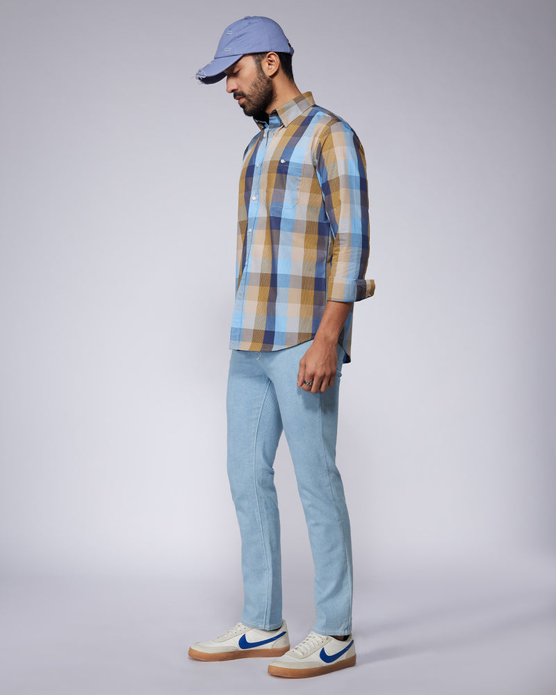 Blue & Ochre Cotton Checked Shirt