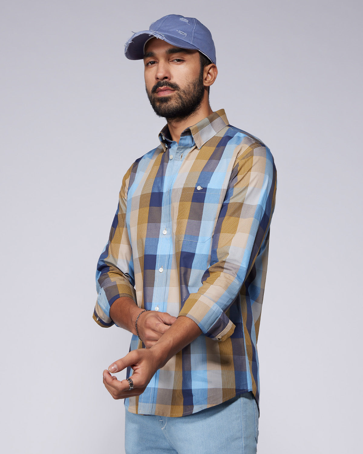 Blue & Ochre Cotton Checked Shirt