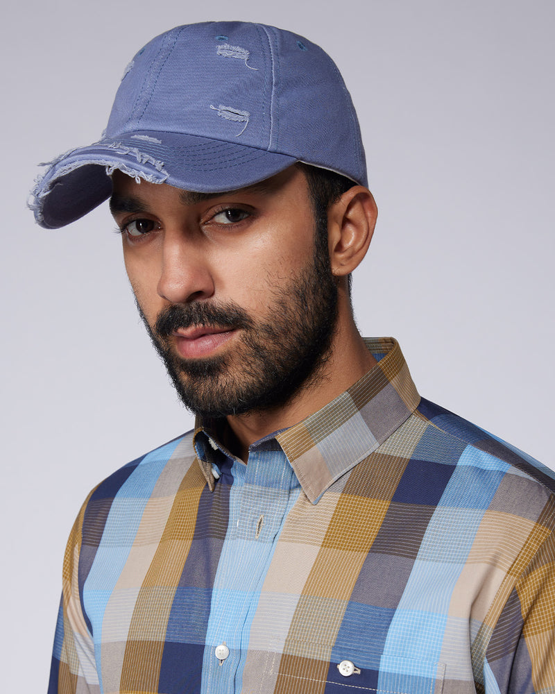 Blue & Ochre Cotton Checked Shirt