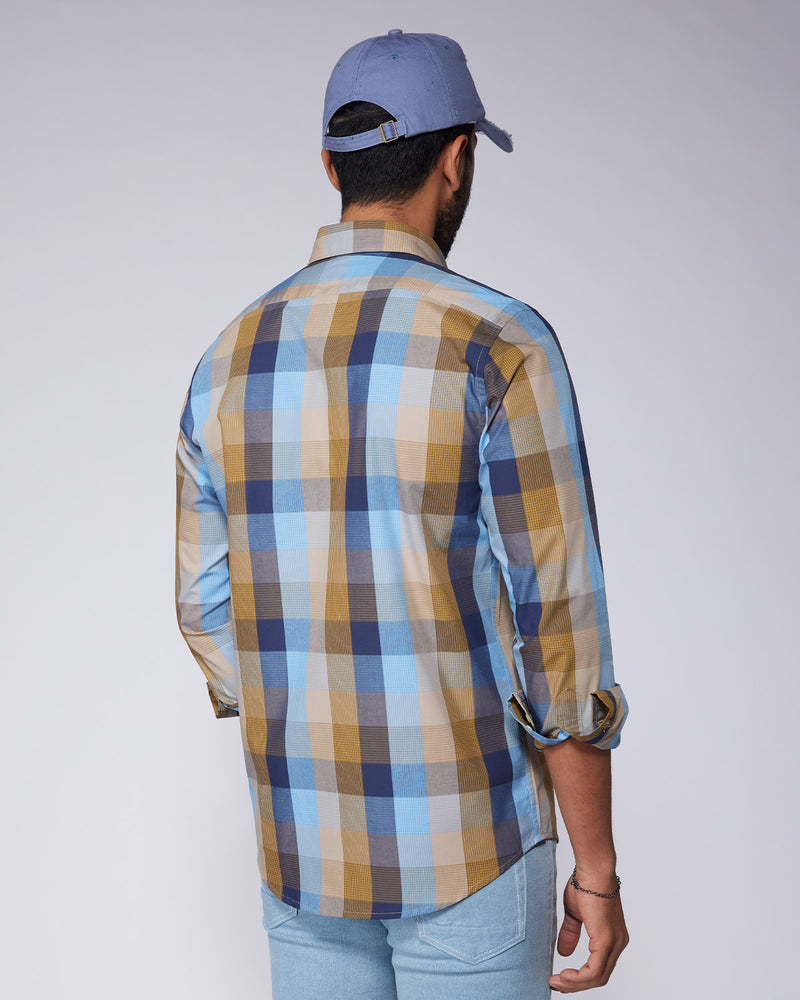 Blue & Ochre Cotton Checked Shirt