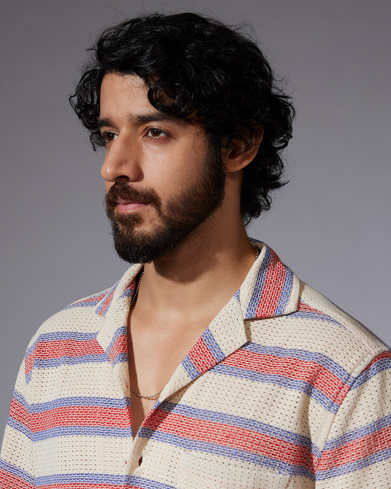 Blue & Red Half-Sleeve Crochet Shirt