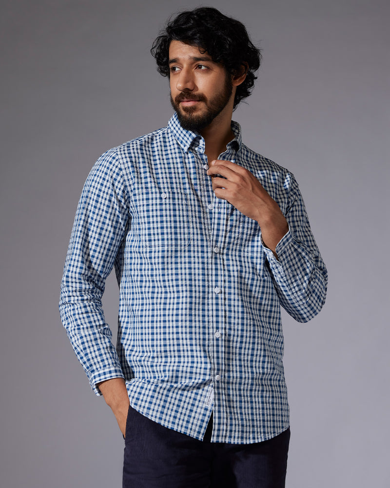 Blue & White Seersucker Checked Shirt