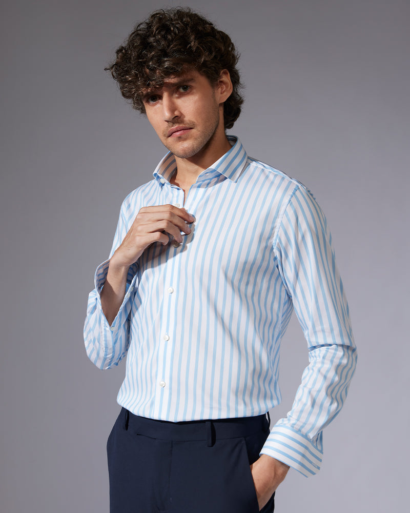 Blue & White Stretch Broad-Striped Shirt