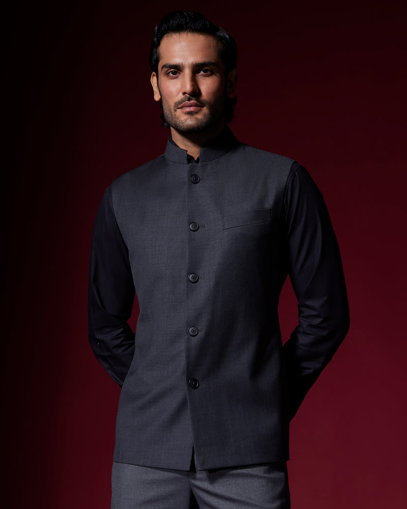 Astra Blended Wool Nehru Jacket - Dark Grey