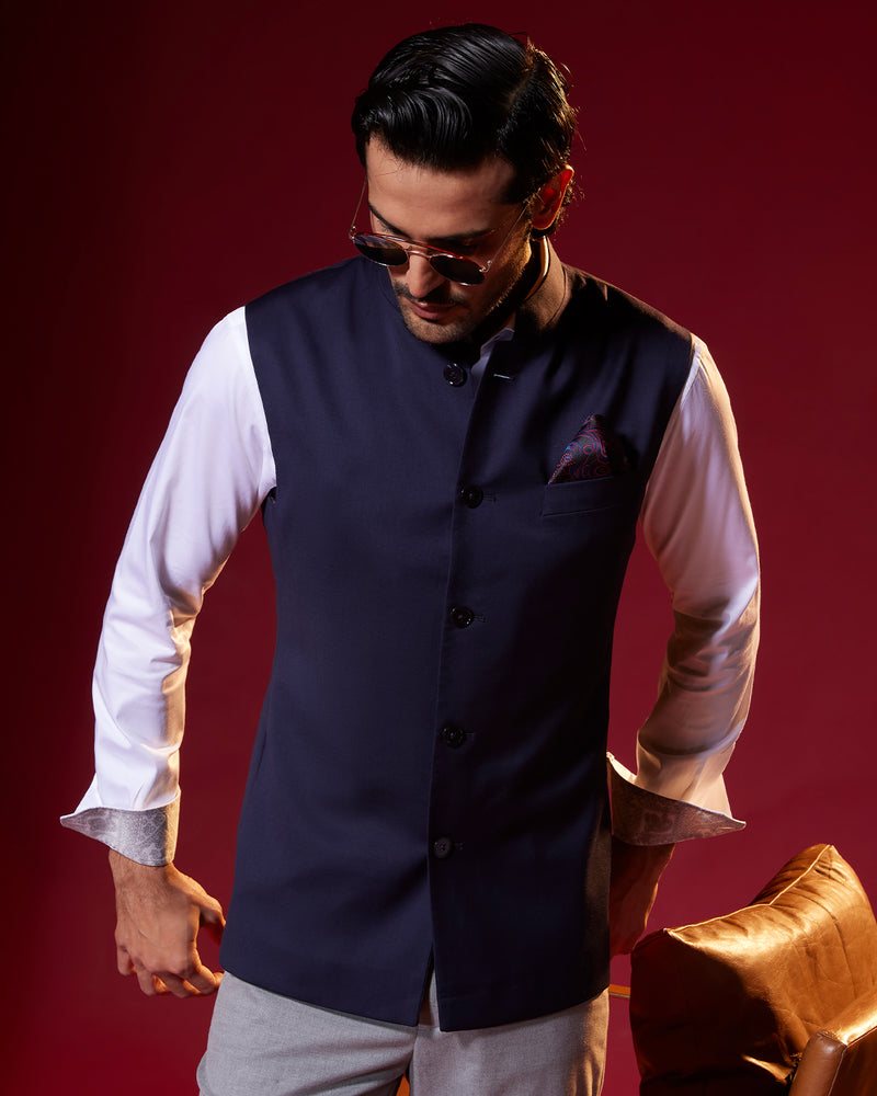 Sapphire Crest Nehru Jacket - Navy