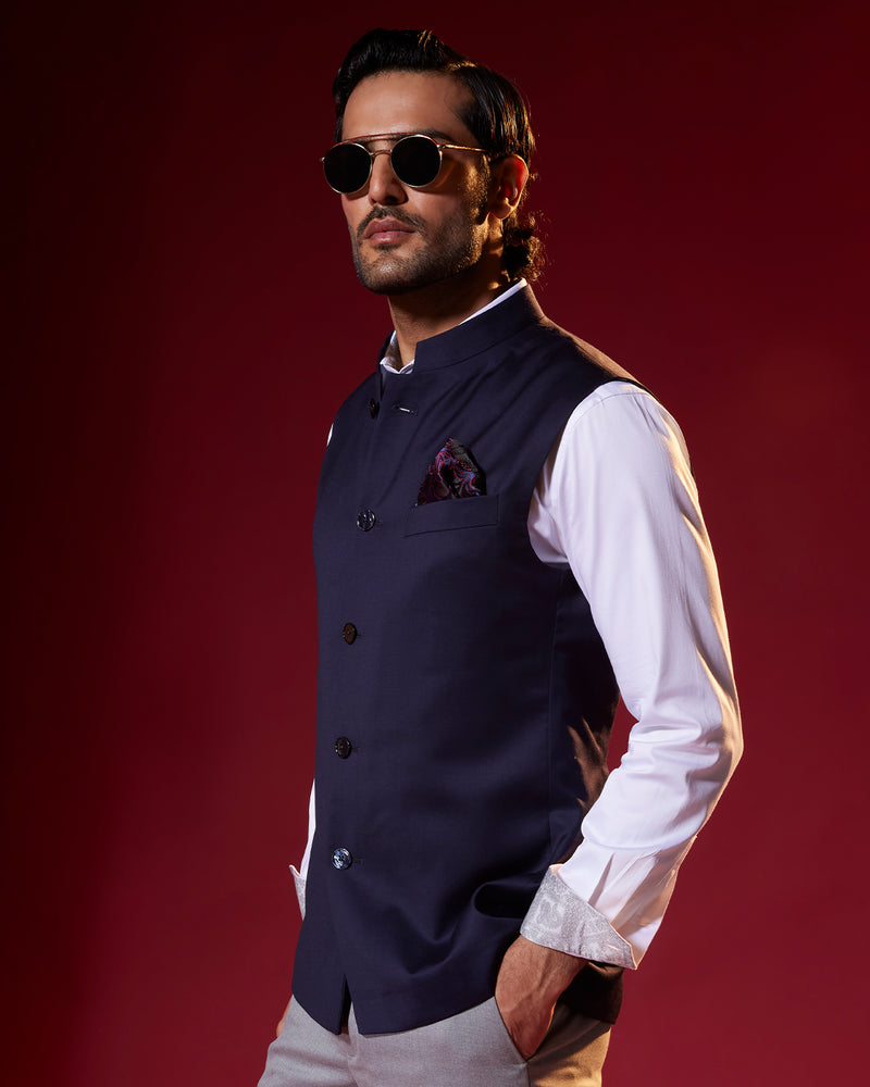 Sapphire Crest Wool Nehru Jacket - Navy