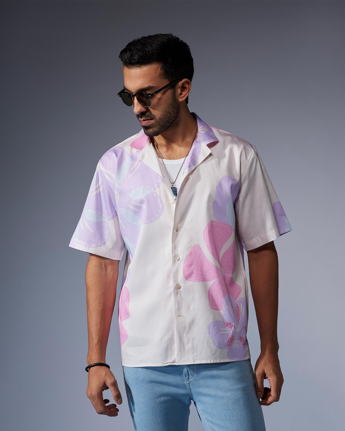 Lilac & Ecru Half-Sleeve Floral Printed Shirt