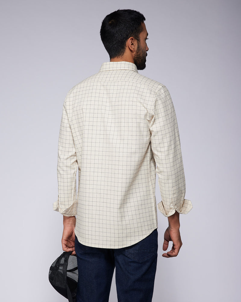 Ecru & Navy Cotton Checked Shirt