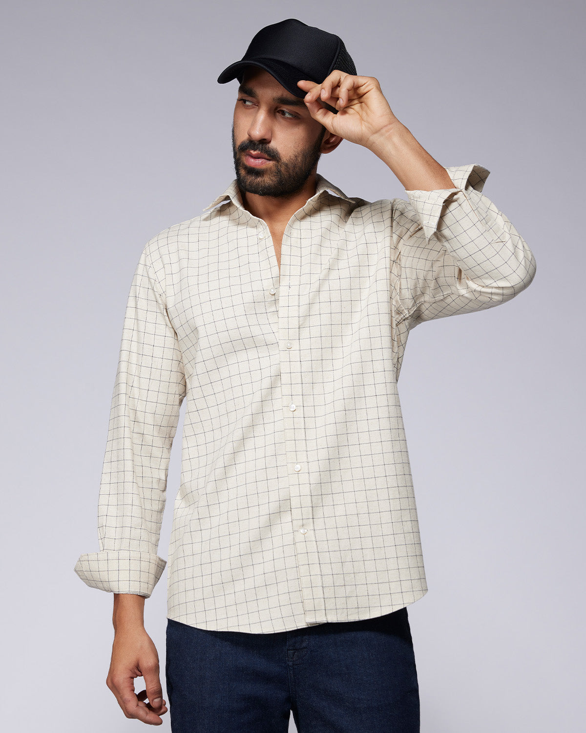 Ecru & Navy Cotton Checked Shirt