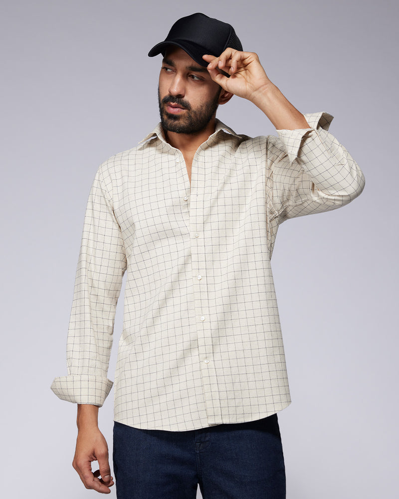 Ecru & Navy Cotton Checked Shirt