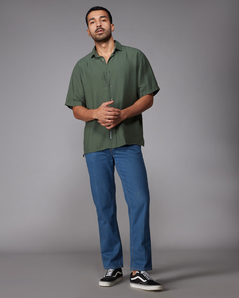 Green Half-Sleeve Twill Shirt