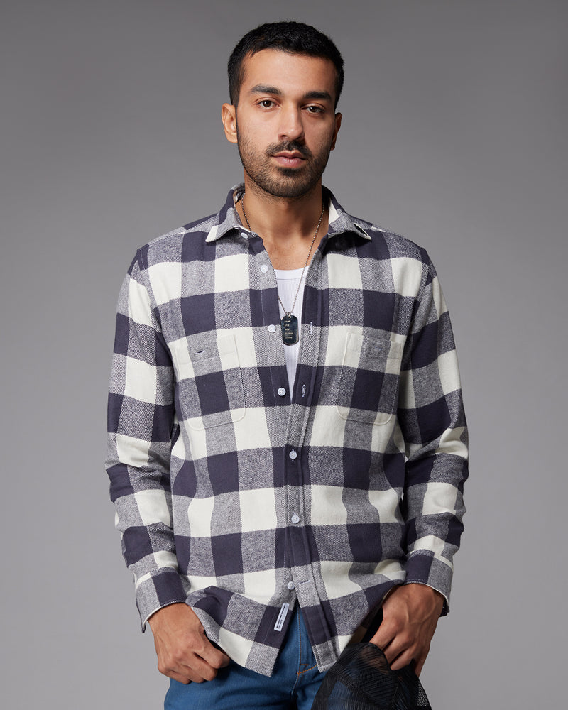 Grey Brushed Twill Checked Shirt