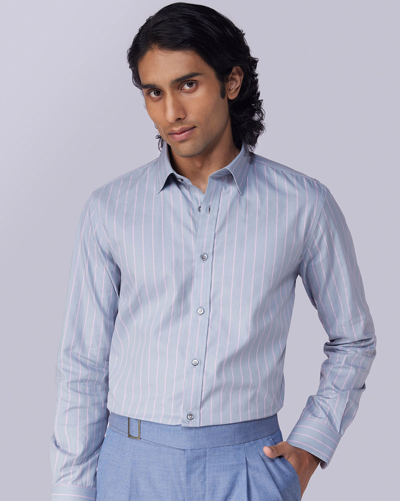 Pink & Grey Twill Striped Shirt