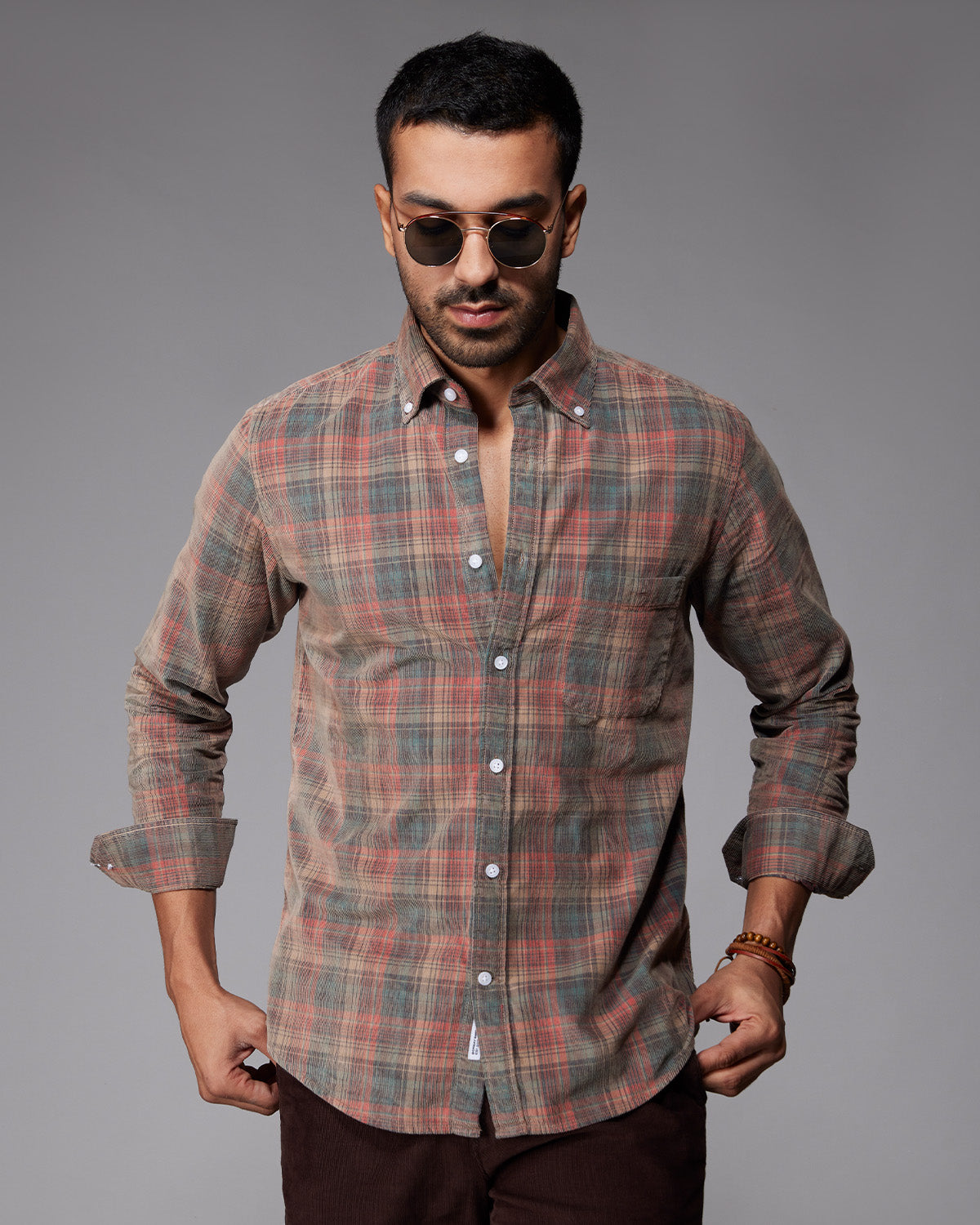 Red & Beige Corduroy Checked Shirt