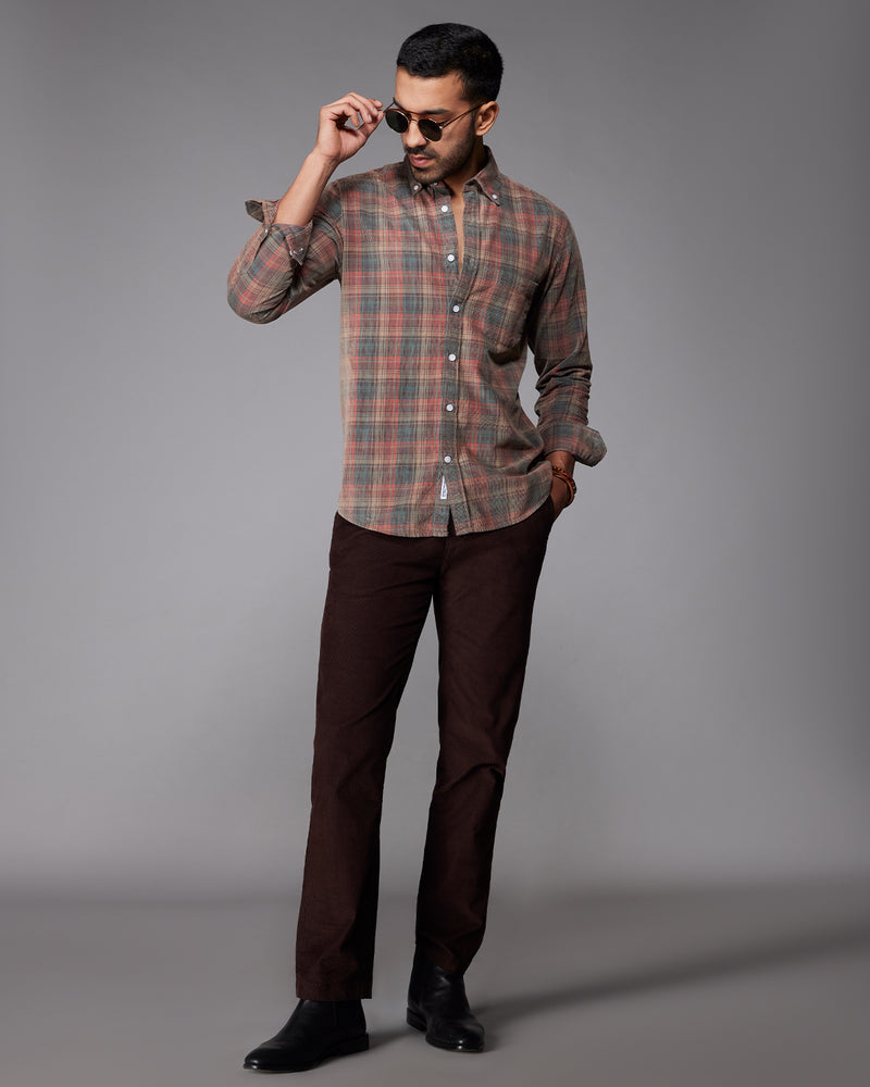 Red & Beige Corduroy Checked Shirt