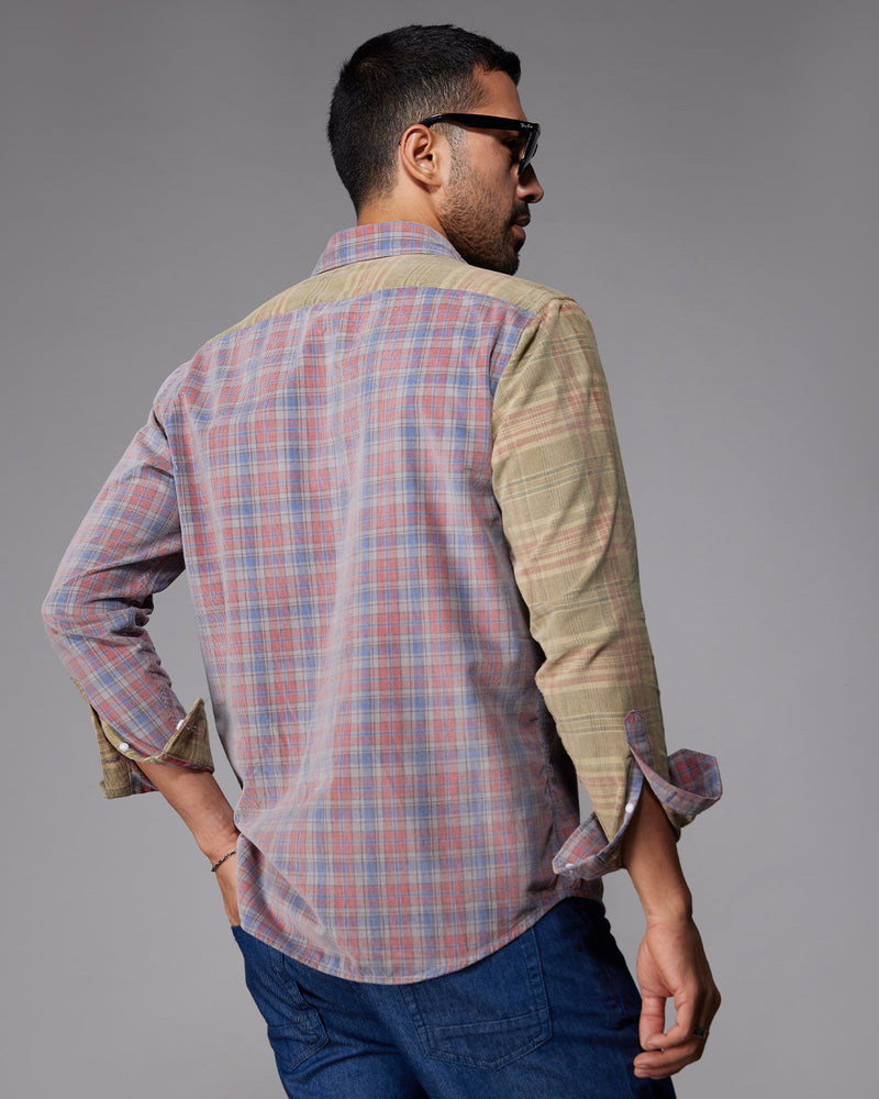 Red & Grey Corduroy Cut & Sew Checked Shirt