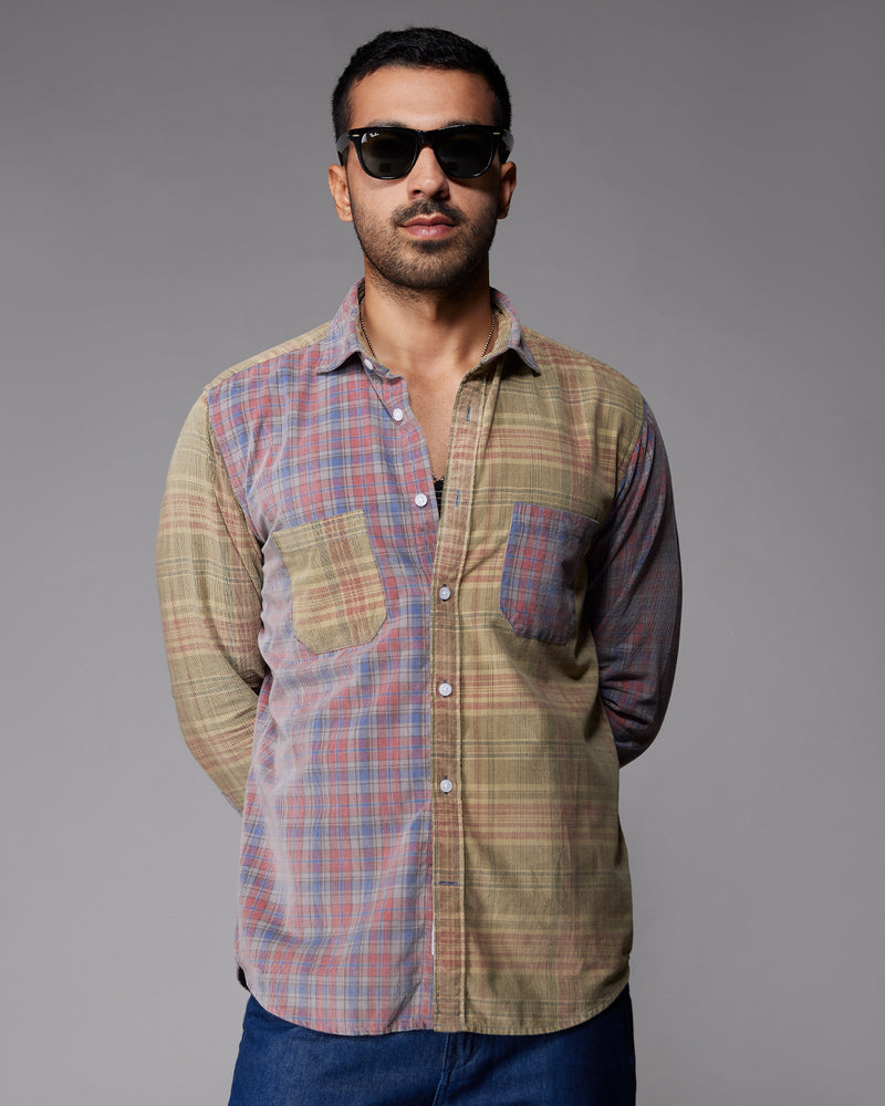 Red & Grey Corduroy Cut & Sew Checked Shirt