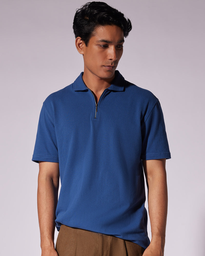 Signature Zipper Polo T-Shirt - Blue