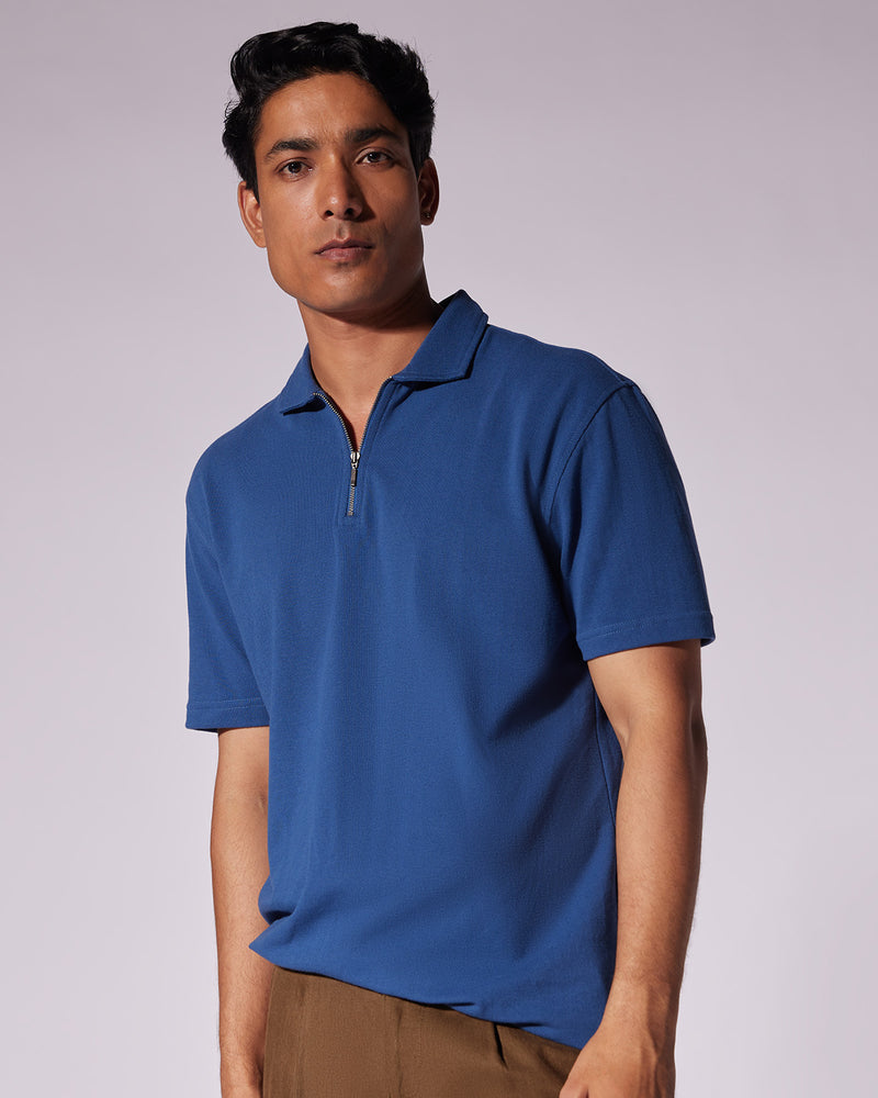 Signature Zipper Polo T-Shirt - Blue