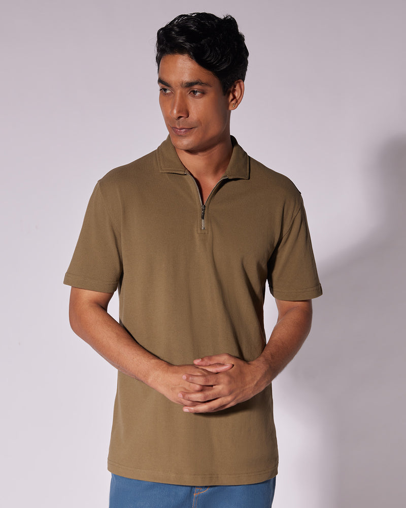 Signature Zipper Polo T-Shirt - Dark Olive