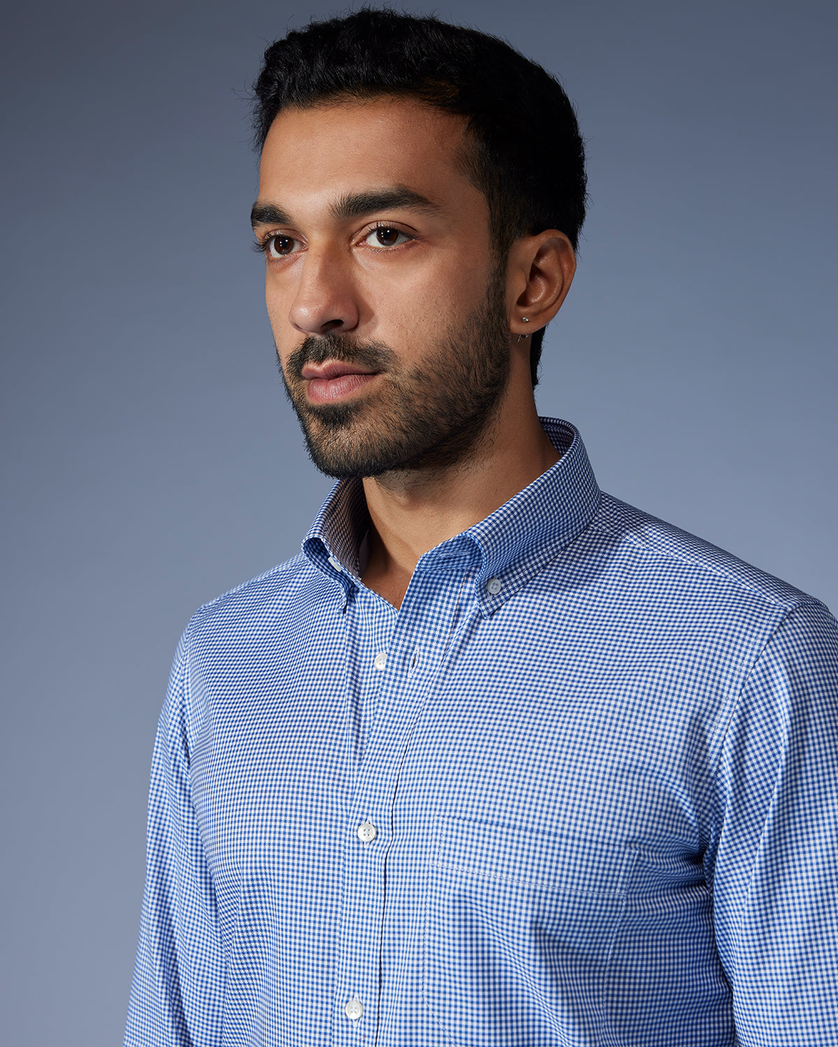 Stretch Twill Micro-Checked Shirt - Navy