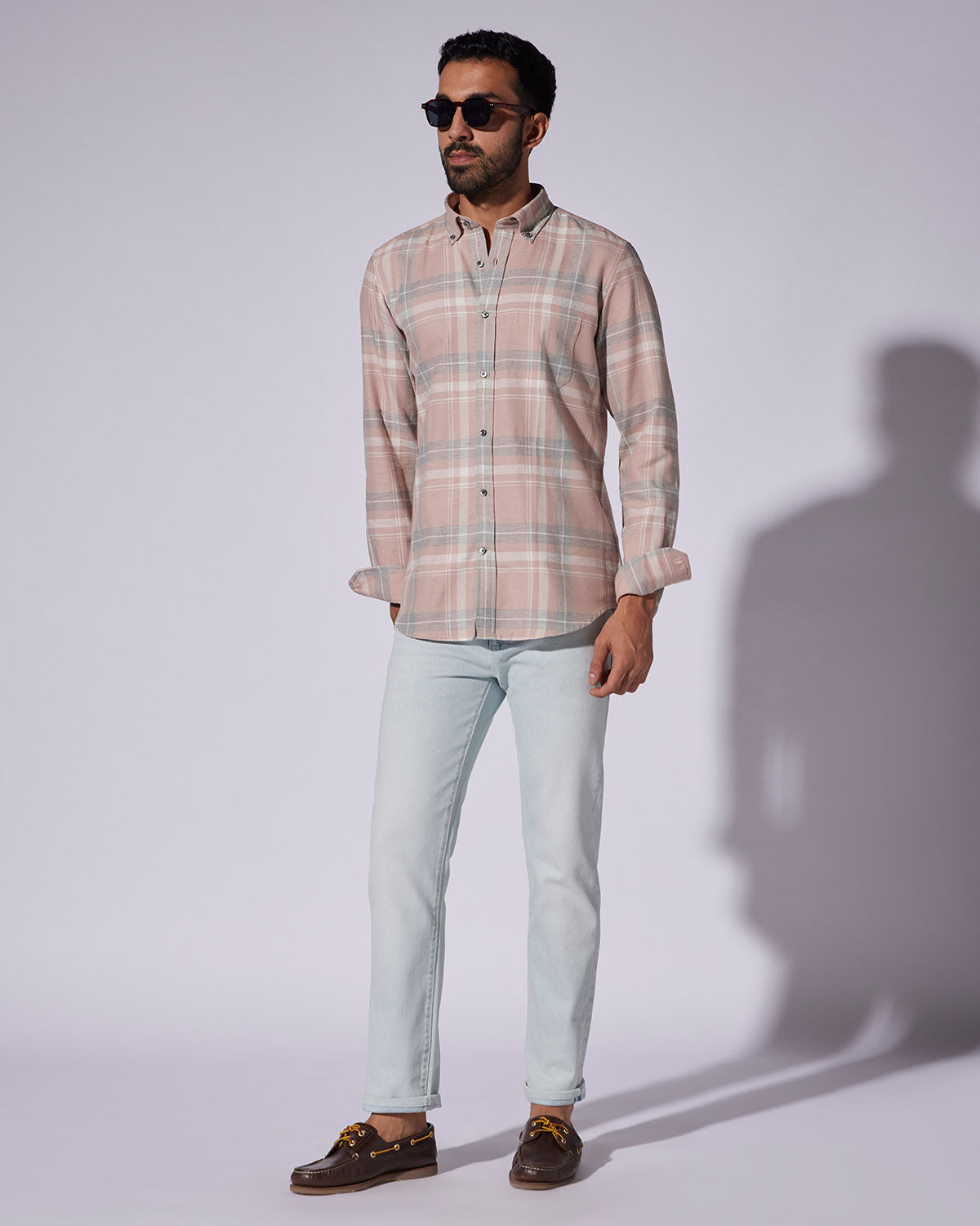 Brushed Checked Shirt - Peach & Grey