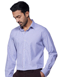 4-way Stretch Cotton Checked Shirt - Blue & Brown