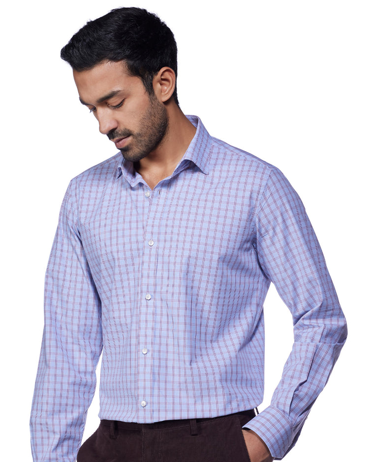 4-Way Stretch Cotton Checked Shirt - Blue & Brown