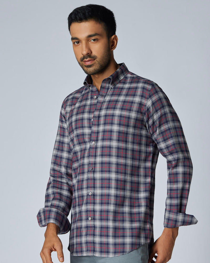 Somelos Brushed Twill Checked Shirt - Grey