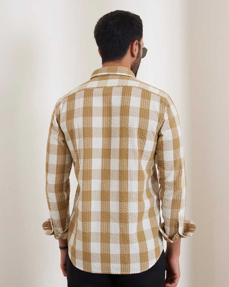 Beige Seersucker Checked Shirt