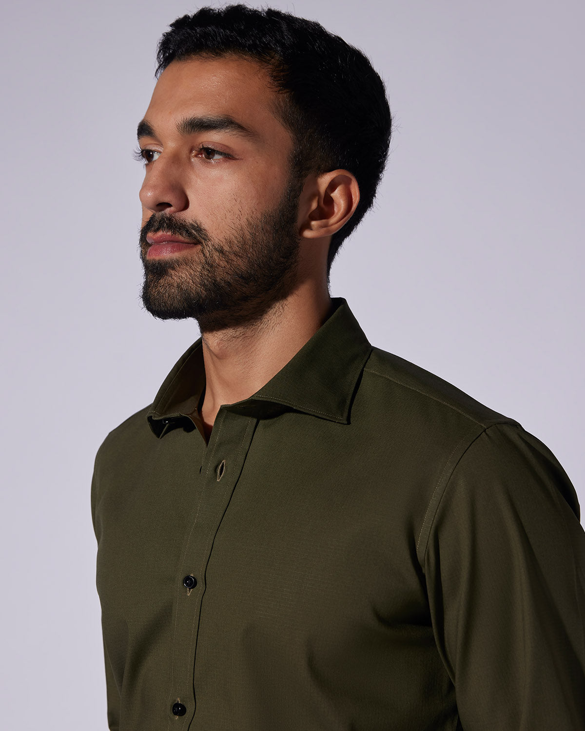 Stretch Self-Checked Slubby Shirt - Dark green