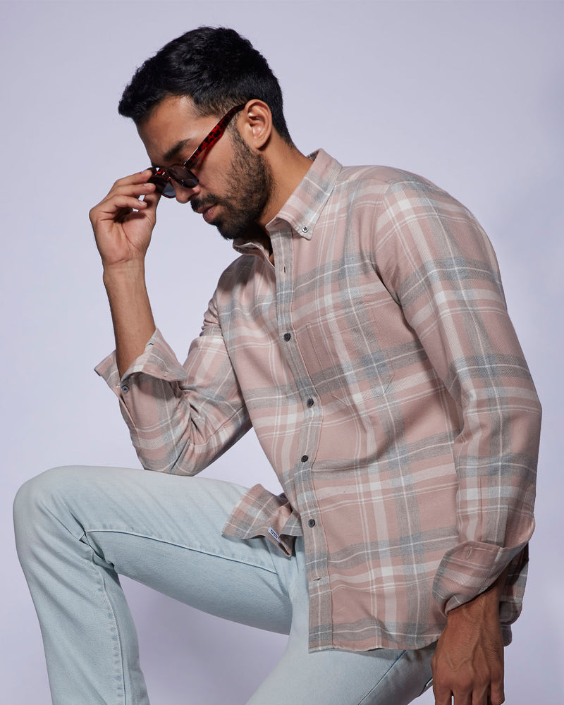 Brushed Checked Shirt - Peach & Grey