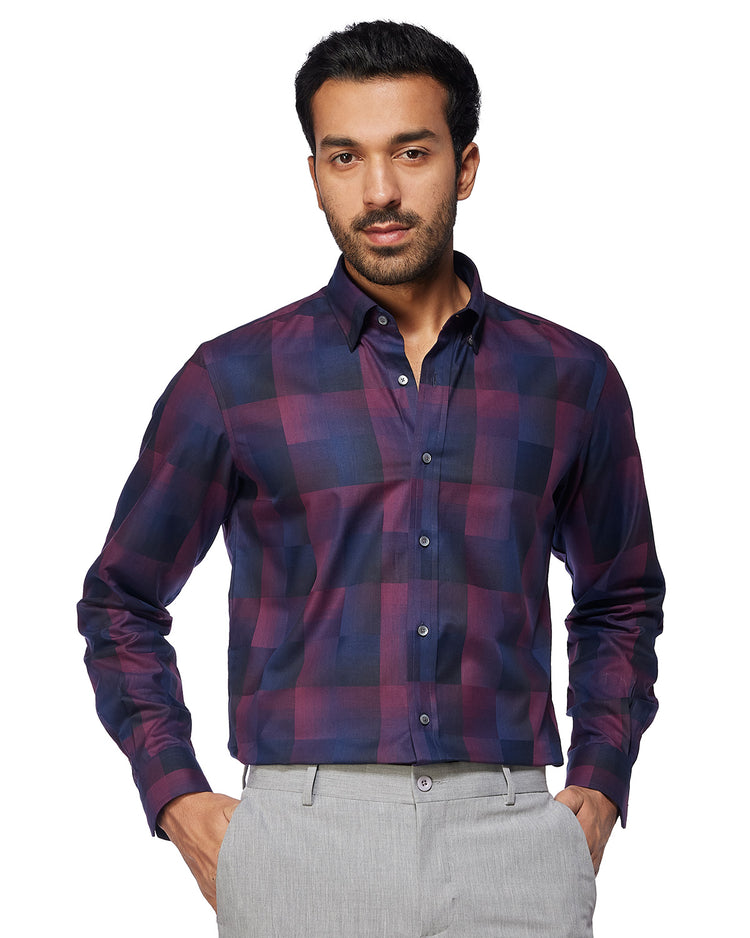 Ombre Twill Checked Shirt - Navy & Maroon