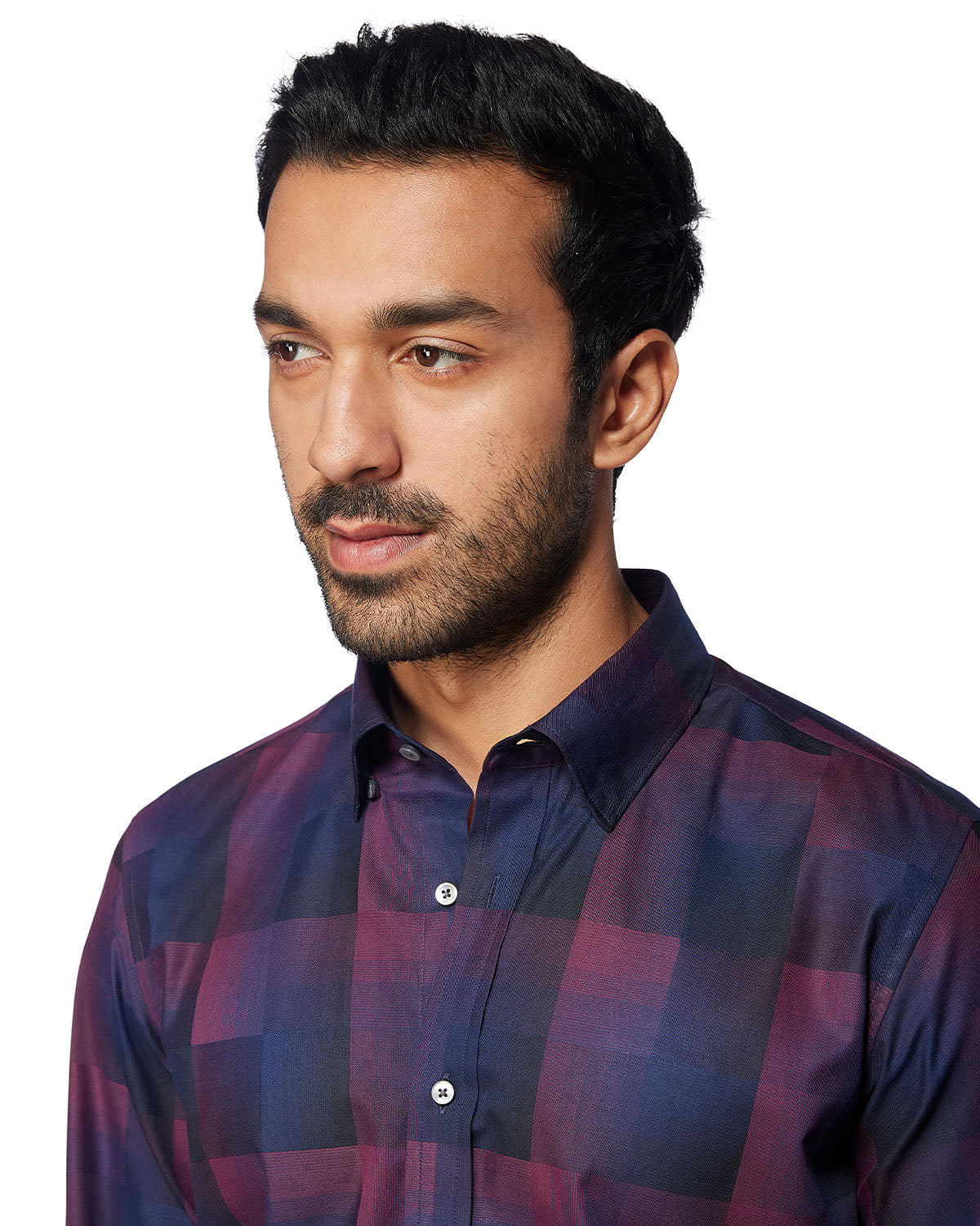 Ombre Twill Checked Shirt - Navy & Maroon