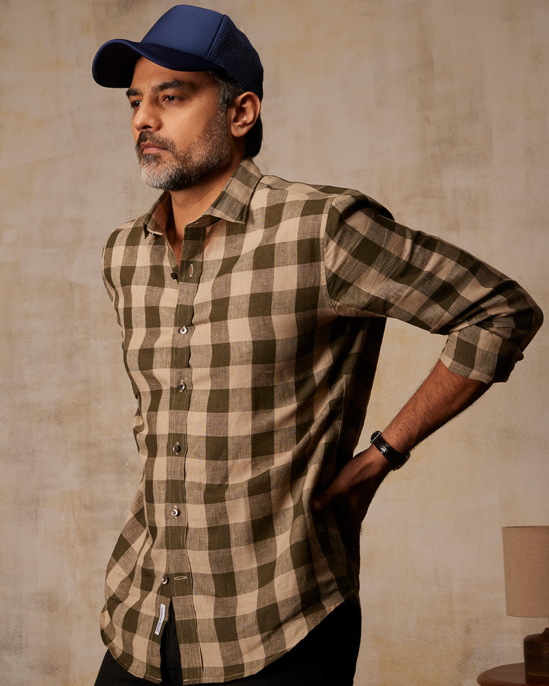 Somelos 100% Linen Checked Shirt - Olive & Beige