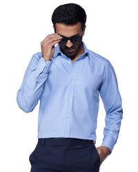 4-Way Stretch Cotton Checked Shirt - Blue