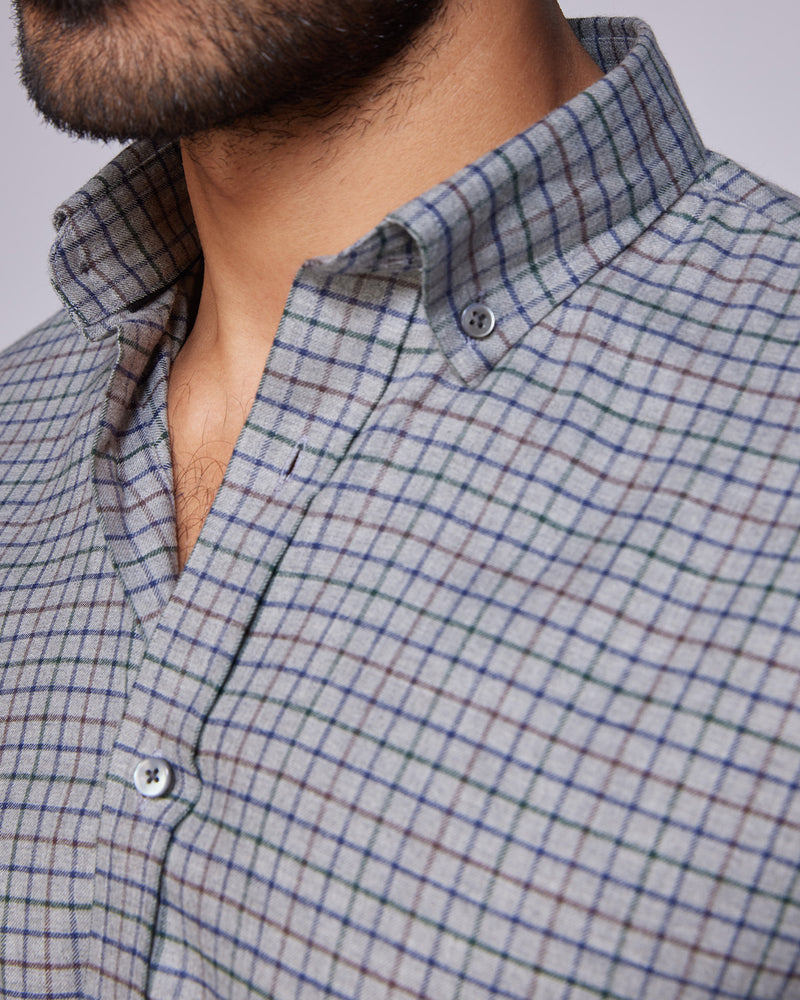 Brushed Twill Checked Shirt - Grey