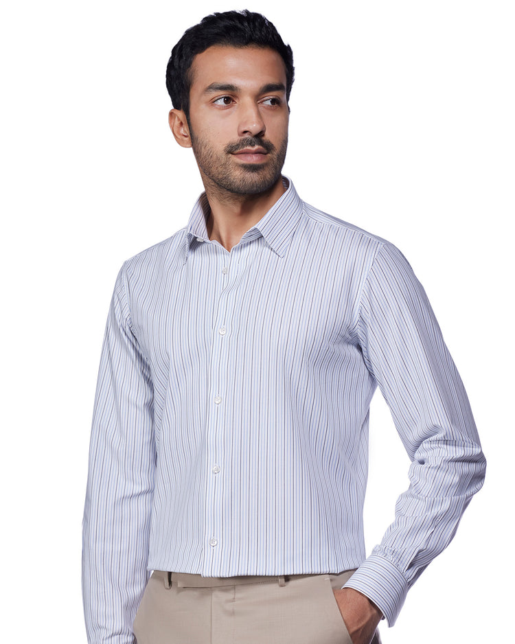 4-Way Stretch Cotton Striped Shirt - Blue & Navy