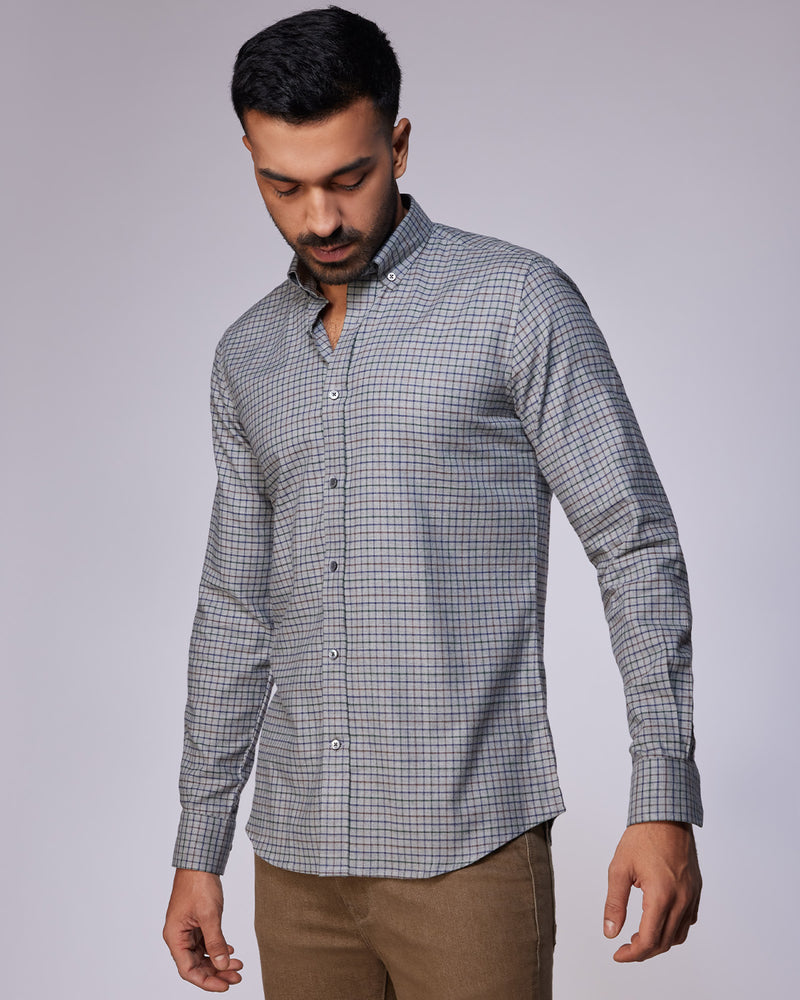 Brushed Twill Checked Shirt - Grey