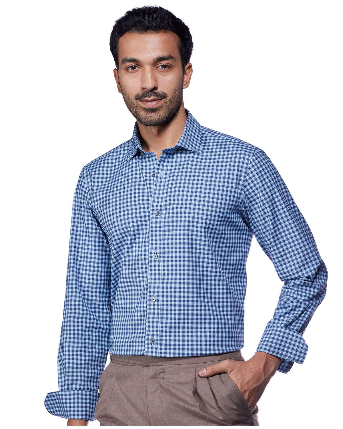 Stretch Oxford Checked Shirt - Blue & Navy