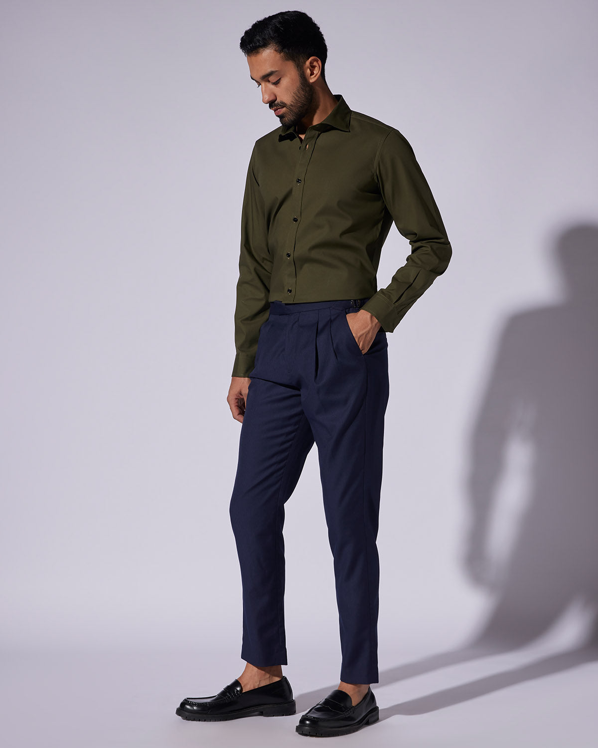 Stretch Self-Checked Slubby Shirt - Dark green