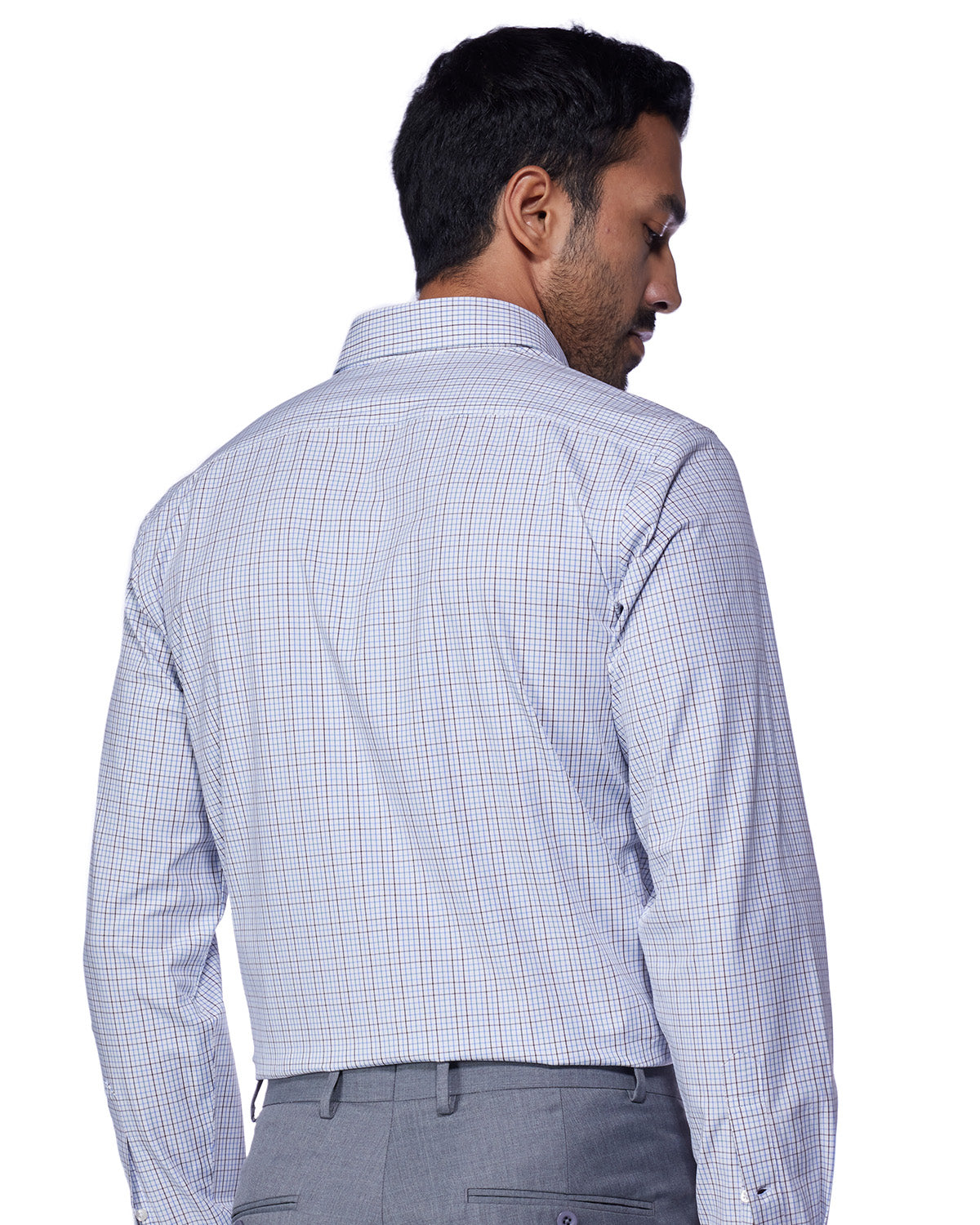 4-Way Stretch Cotton Checked Shirt - Teal & Brown