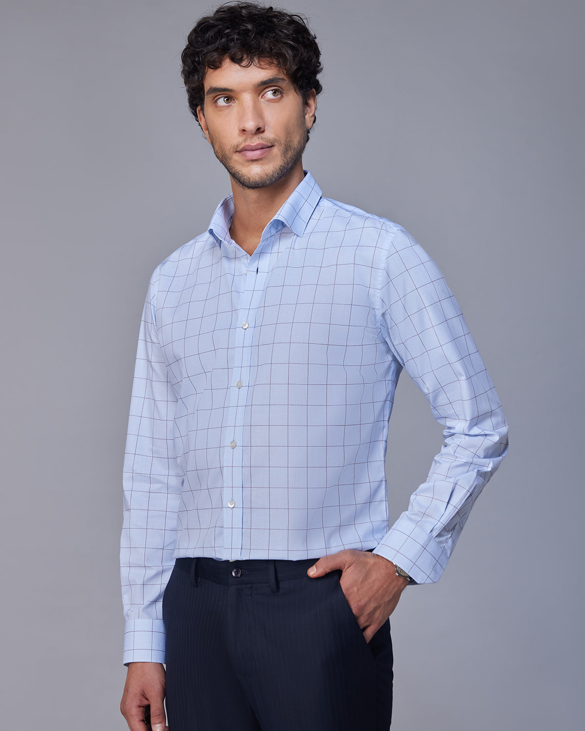 Glen Plaid Checked Shirt - Light Blue & Brown