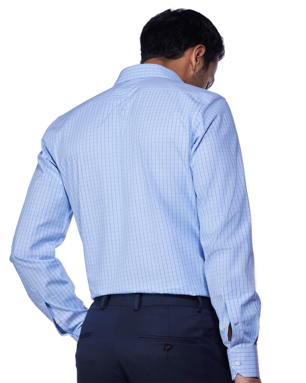 4-Way Stretch Cotton Checked Shirt - Blue