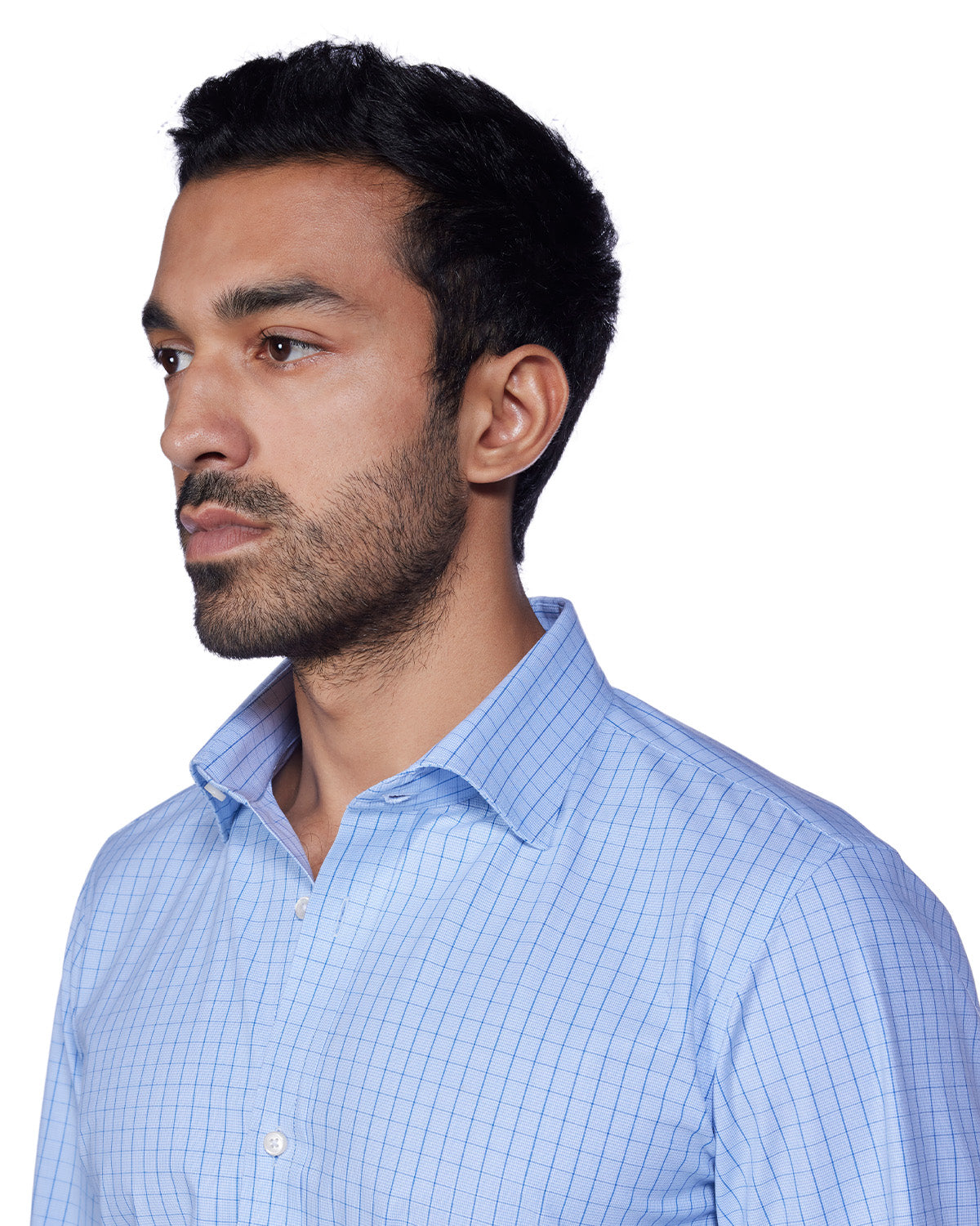 4-Way Stretch Cotton Checked Shirt - Blue