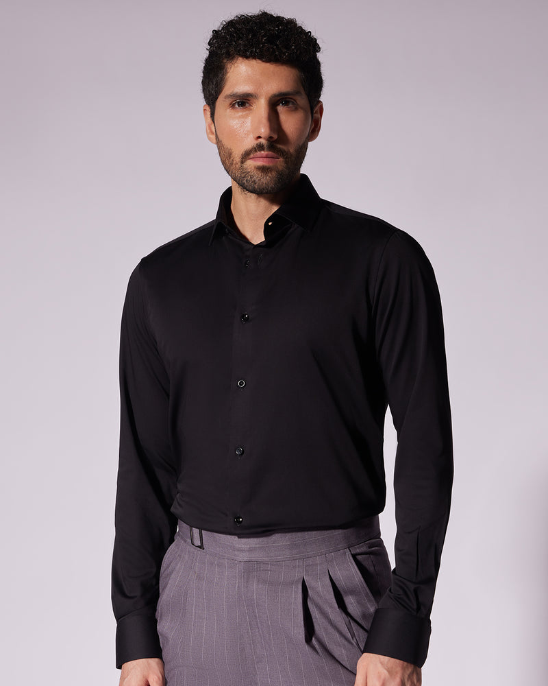 Wrinkle-Free Bamboo-Blend Satin Shirt - Black